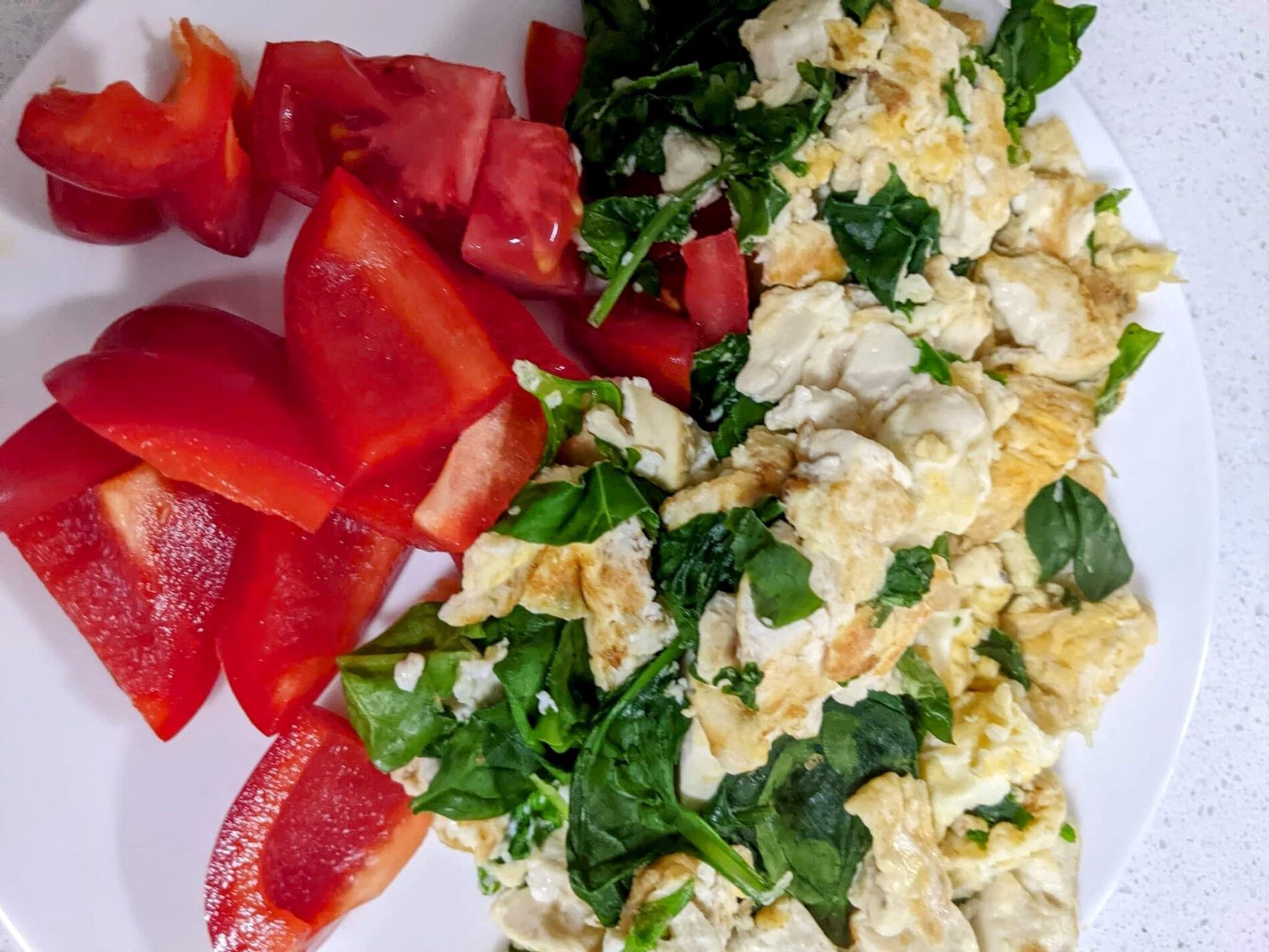 scrambled eggs and tofu with baby spinach