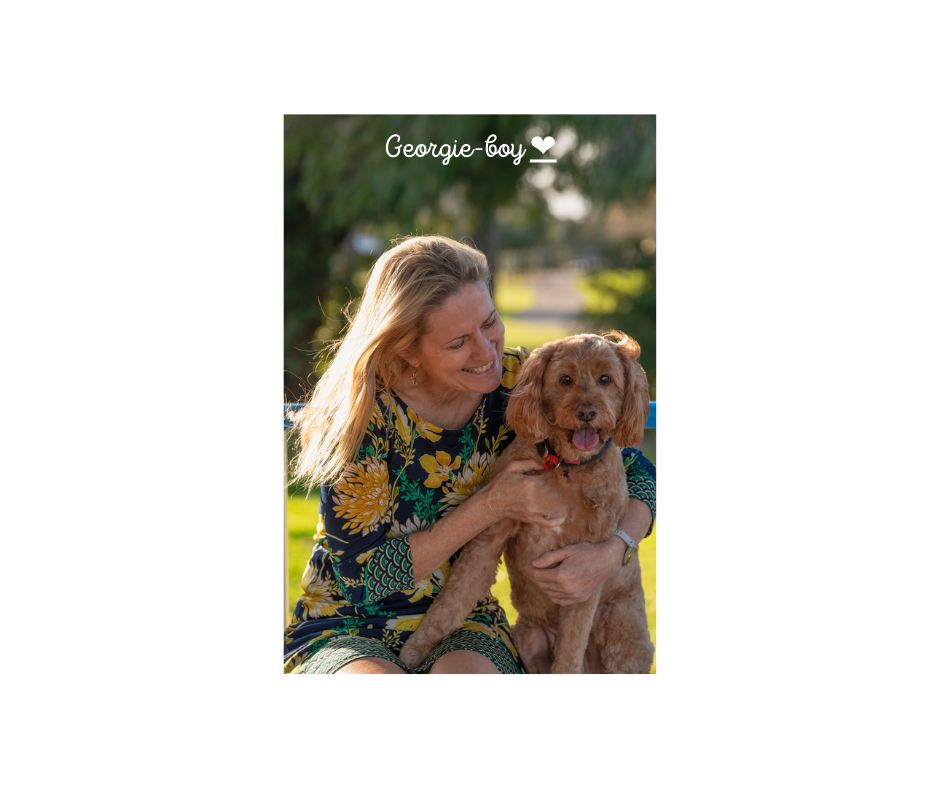 photo of the author and her therapy dog George