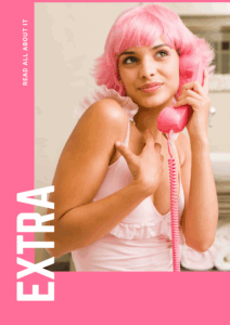 woman with pink hair holding a pink telephone